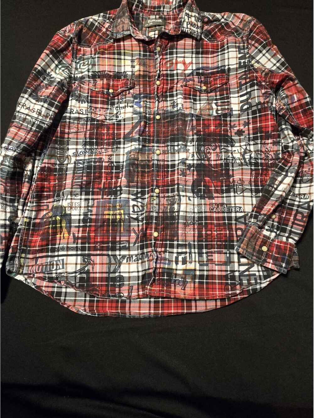 Y2K Desigual Mens Slim Fit Graffiti Plaid Western Snap Button Shirt Red Size 2XL